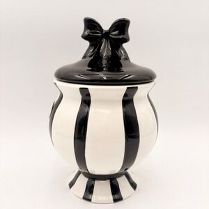 Petal & Pearl Black White Striped Ceramic Canister Bow Lid Hand Painted